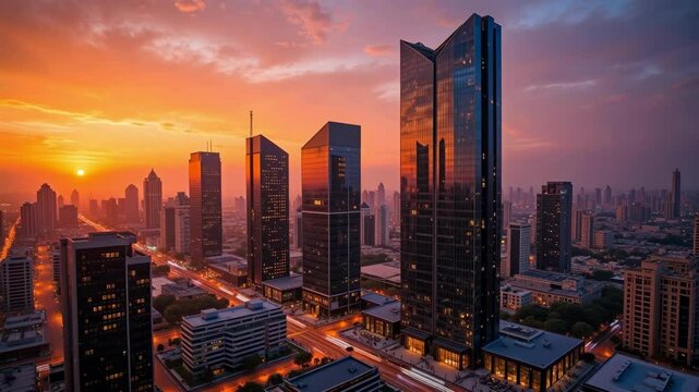 Witness a breathtaking aerial hyperlapse showcasing Dubai skyscrapers bathed in the warm glow of a stunning sunset time lapse, a beautiful United Arab Emirates vista.