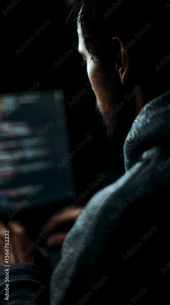 Poster person coding intently on a dark computer screen