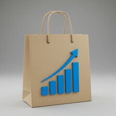 Blue bar chart showing growth and success on brown retail shopping bag. Optimistic concept for business finance, sales increase, and positive economic data