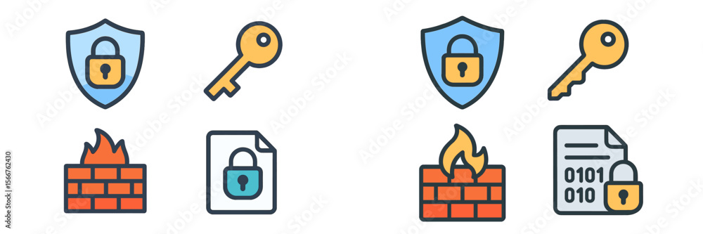 Poster digital security icons representing protection, access, and data safety in modern technology systems
