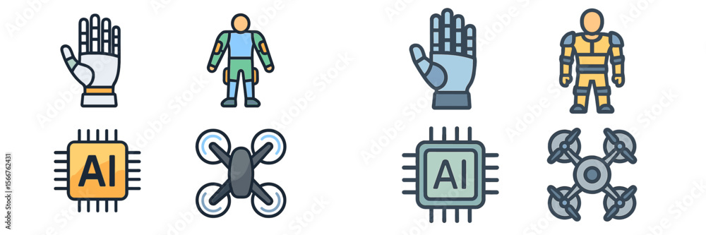 Poster Collection of futuristic technology icons featuring robots, drones, and artificial intelligence elements in a digital design