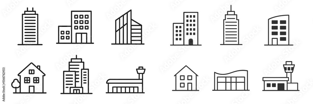 Aufkleber icons of various building types presented in a minimalist and modern style showcasing urban architec