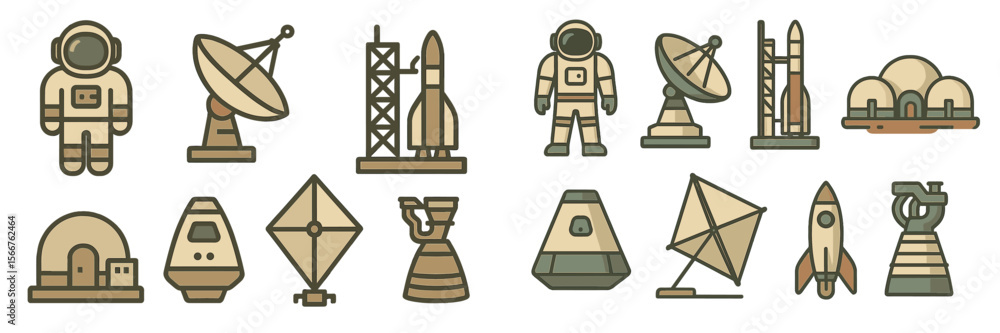 Poster collection of space exploration icons representing various activities and technologies in a minimali