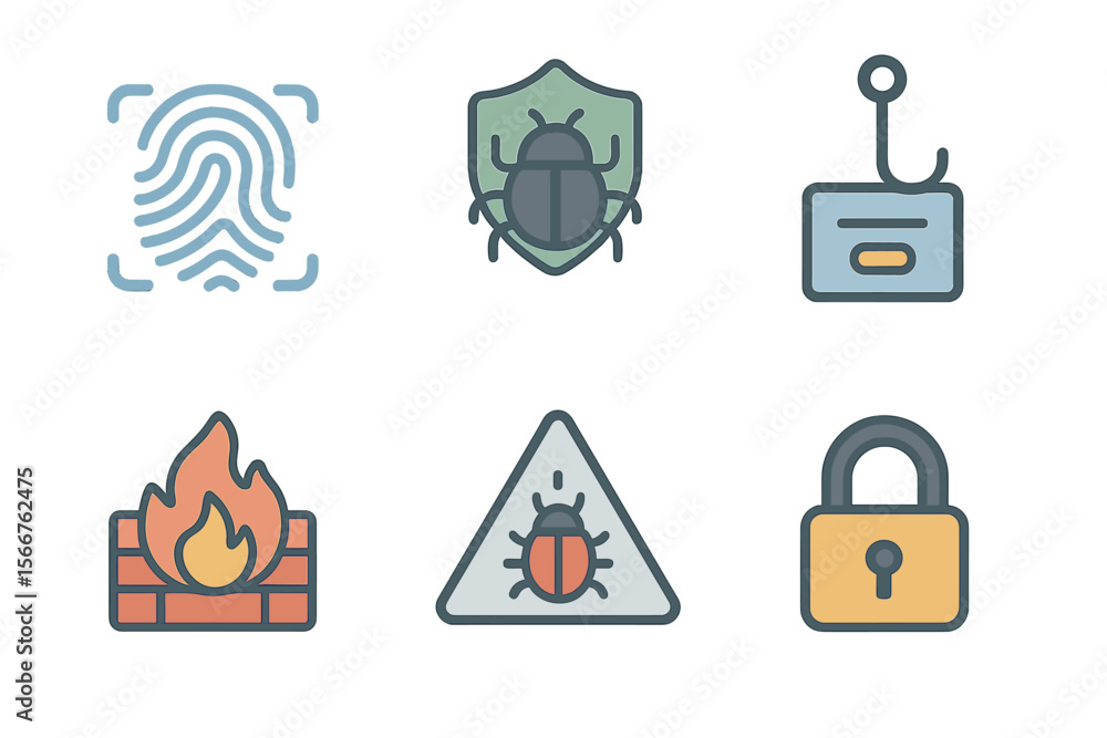 Poster Security icons representing various cybersecurity elements including fingerprint, shield, and lock in a flat design