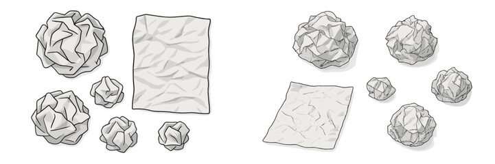 Crumpled paper and balls scattered on white background showcasing the concept of waste management in an office environment
