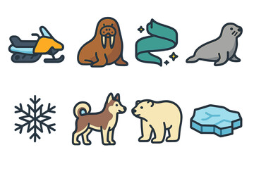 Naklejka premium Illustrations of arctic wildlife and activities featuring a snowmobile, walrus, seal, and dogsled team