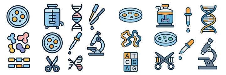 Modern biology and biotechnology icons represent laboratory tools and techniques for research and experimentation in a scientific setting