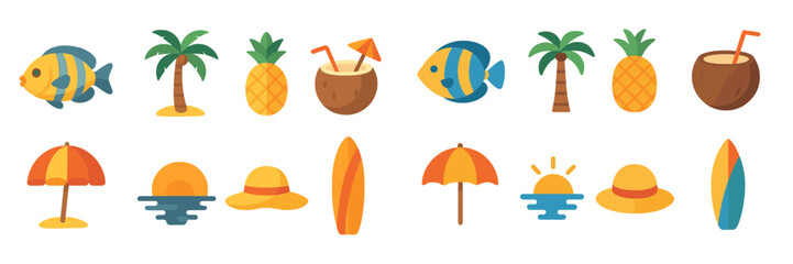 Fototapeta premium Colorful beach icons featuring fish, palm trees, tropical fruits, and surfboards for summer vibes