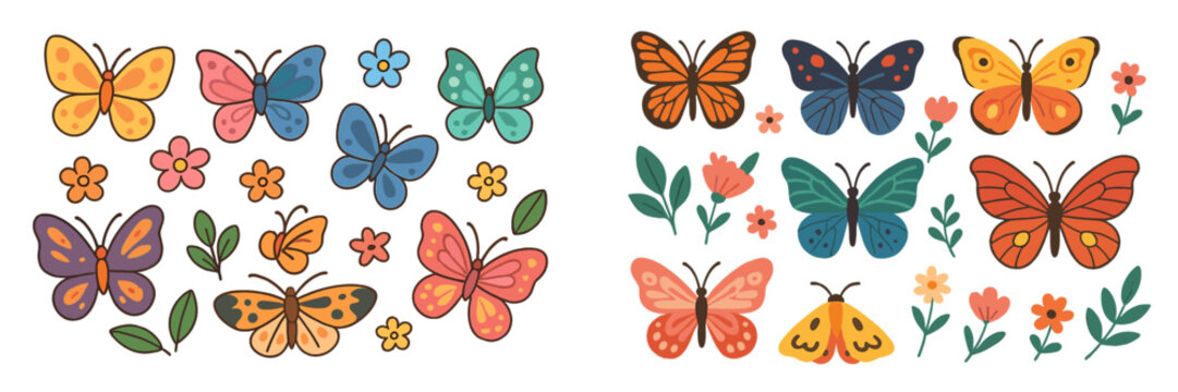 Colorful butterflies and flowers set in a whimsical design perfect for creative projects and decorations