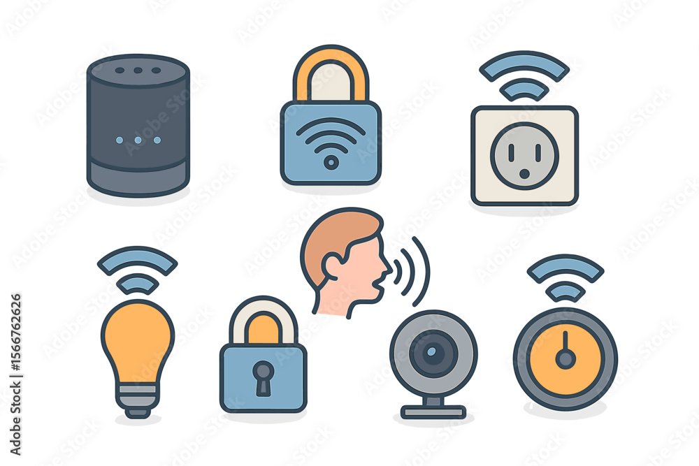 Poster smart home technology icons representing various devices and features for modern living environments