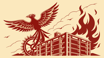 Phoenix rising from the ashes building fire disaster recovery resilience rebirth hope transformation vector art