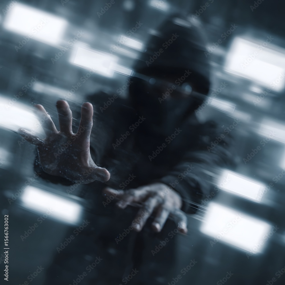 Poster hacker controlling virtual file transfer system with mid air gestures