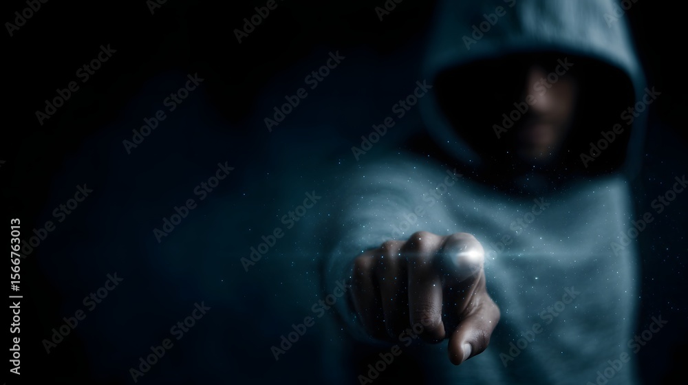 Poster hooded figure navigating a glowing security interface