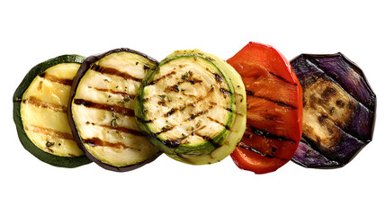 Grilled vegetables show healthy vegetarian diet, eggplant, zucchini, tomato, barbecue slices presented against a clean transparent background.
