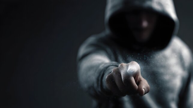 Cloaked figure navigating a high tech security interface