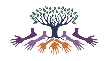 Tree of life hands reaching community support growth connection family roots care giving logo design art