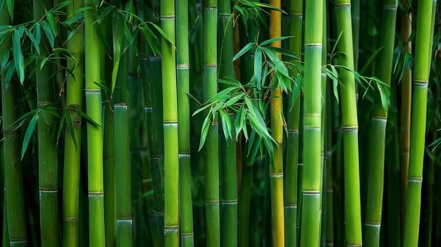 Lush Green Bamboo Grove: A tranquil scene of vibrant green bamboo stalks densely packed together, creating a natural barrier, evoking a sense of peace and serenity.