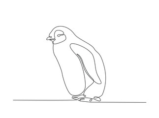 Penguin flighless bird draw in single outline illustration. Continuous line art drawing of baby penguin.