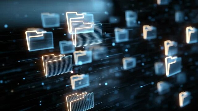 Digital data management: futuristic file folder icons symbolizing advanced technology and efficient organization. Information storage in the digital age.