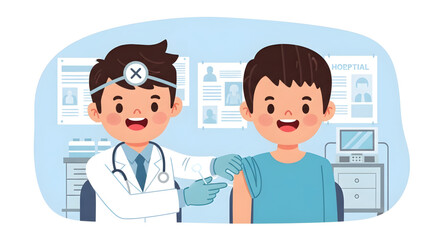 Fototapeta premium Cartoon vector illustration of a doctor and nurse with a smiling child patient in a hospital clinic office