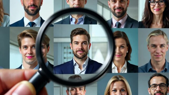 Hand holding magnifying glass over group of people's faces. Concept of curiosity and exploration, as if the viewer is trying to get a closer look at the people's expressions and features. Headhunting