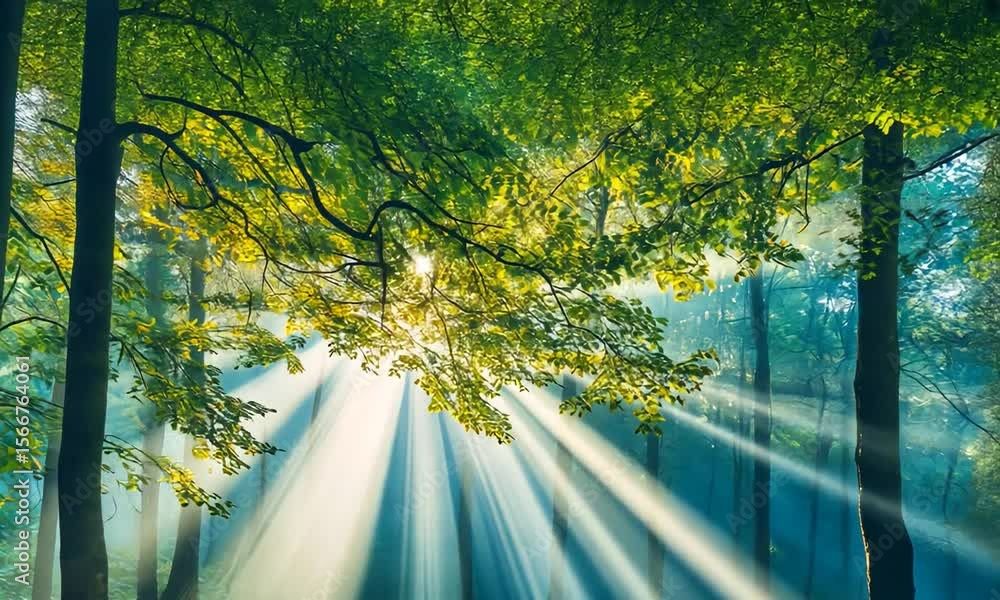 Wall mural sunlight streaming through lush green leaves in a serene forest setting with soft sunrays illuminati
