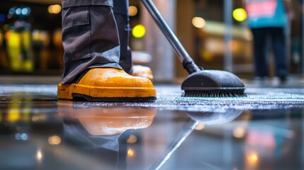 Fototapeta premium A person in a yellow boot is cleaning a floor with a large, black, round, and black and white striped broom.
