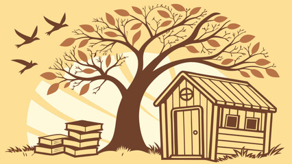 Illustration of a cozy backyard scene with tree, shed, books, and birds flying in the sky vector art