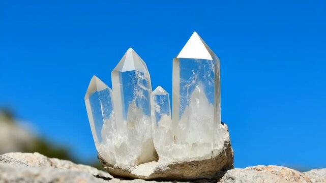 Four purple crystals are sitting on a rock. The crystals are all different sizes and shapes. The scene is peaceful and serene, with the crystals shining in the sunlight