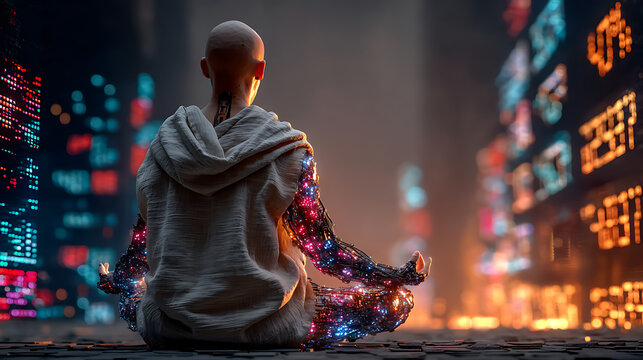 Cybernetic meditation in a futuristic cityscape neon lights digital art urban environment serene viewpoint mindfulness concept