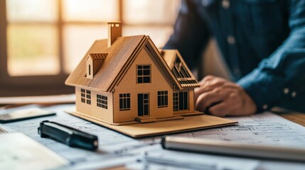 A man in a blue shirt is sitting at a desk with a wooden house model on it.