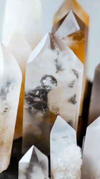 A collection of crystal stones with a white background. The stones are of different shapes and sizes, and they appear to be arranged in a way that creates a sense of depth and texture