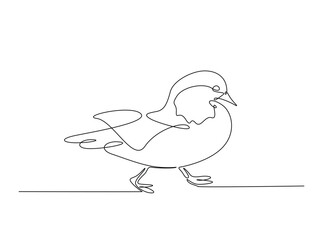 Cute mandarin duck draw in single outline illustration. Continuous line art drawing of mandarin duck.
