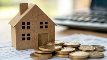 A wooden house model with a stack of coins in front of it on a table.