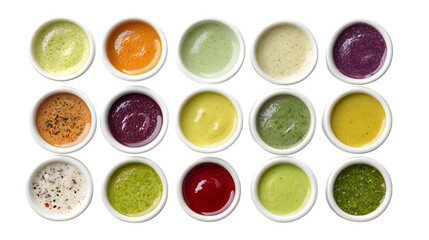 Assorted sauces in small white bowls display a vibrant and colorful array of flavors against a transparent background, creating an appetizing display for food pairings.