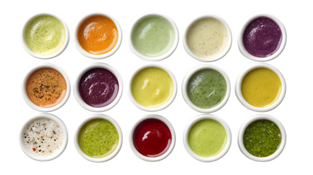 Assorted sauces in small white bowls display a vibrant and colorful array of flavors against a transparent background, creating an appetizing display for food pairings.