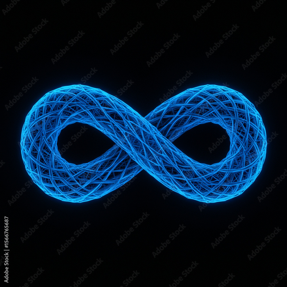 Poster serene abstract infinity symbol glowing with blue light. futuristic wireframe design forms an endles