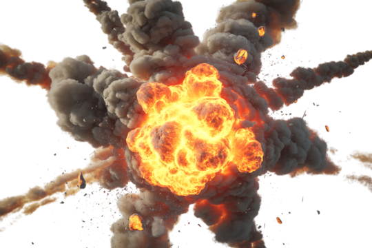 Massive fiery explosion with smoke and debris isolated on transparent background