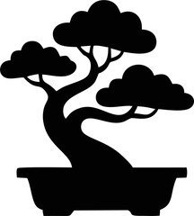 Bonsai tree logo design, elegant black and white vector silhouette with curved branches, perfect for Japanese garden, spa, or decor.