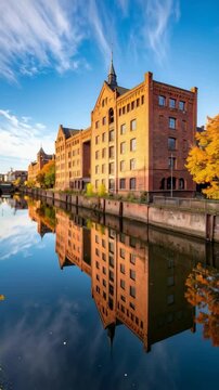 Architectural brick building and waterway reflecting under a blue cloudy sky during daytime, vertical format