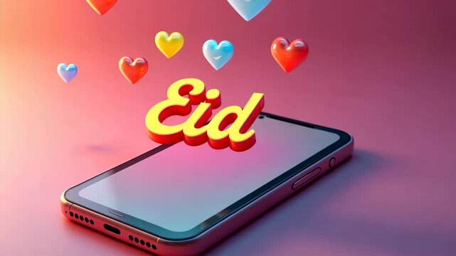 A modern 3D icon of a smartphone displaying Eid greetings with floating emoji hearts above it in vibrant cartoon style. - Powered by Adobe