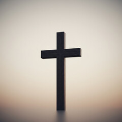 Dark, simple cross silhouette stands with reverence on surface against serene, subtle background light. This spiritual christian symbol represents faith, hope, and salvation