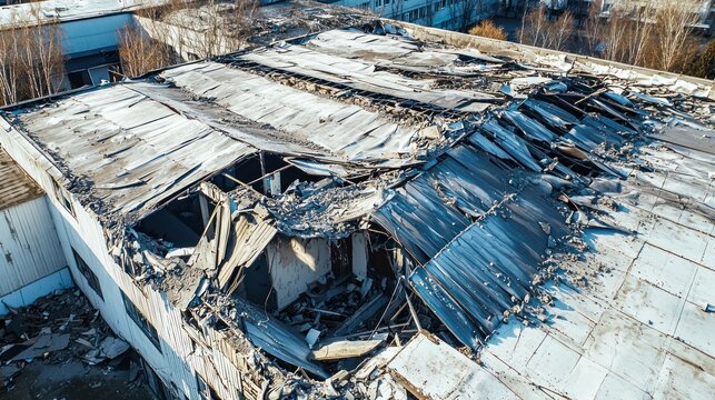 A dilapidated building with a partially collapsed roof and debris scattered around, set against a backdrop of a clear blue sky.