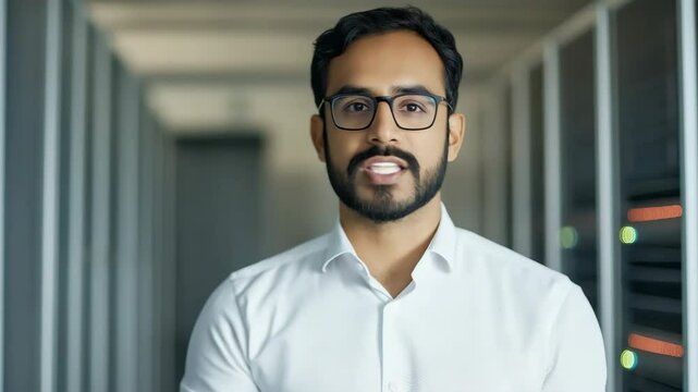 A man with a beard and a blue shirt with a pattern of zebra stripes. He is standing in a room with a lot of black walls