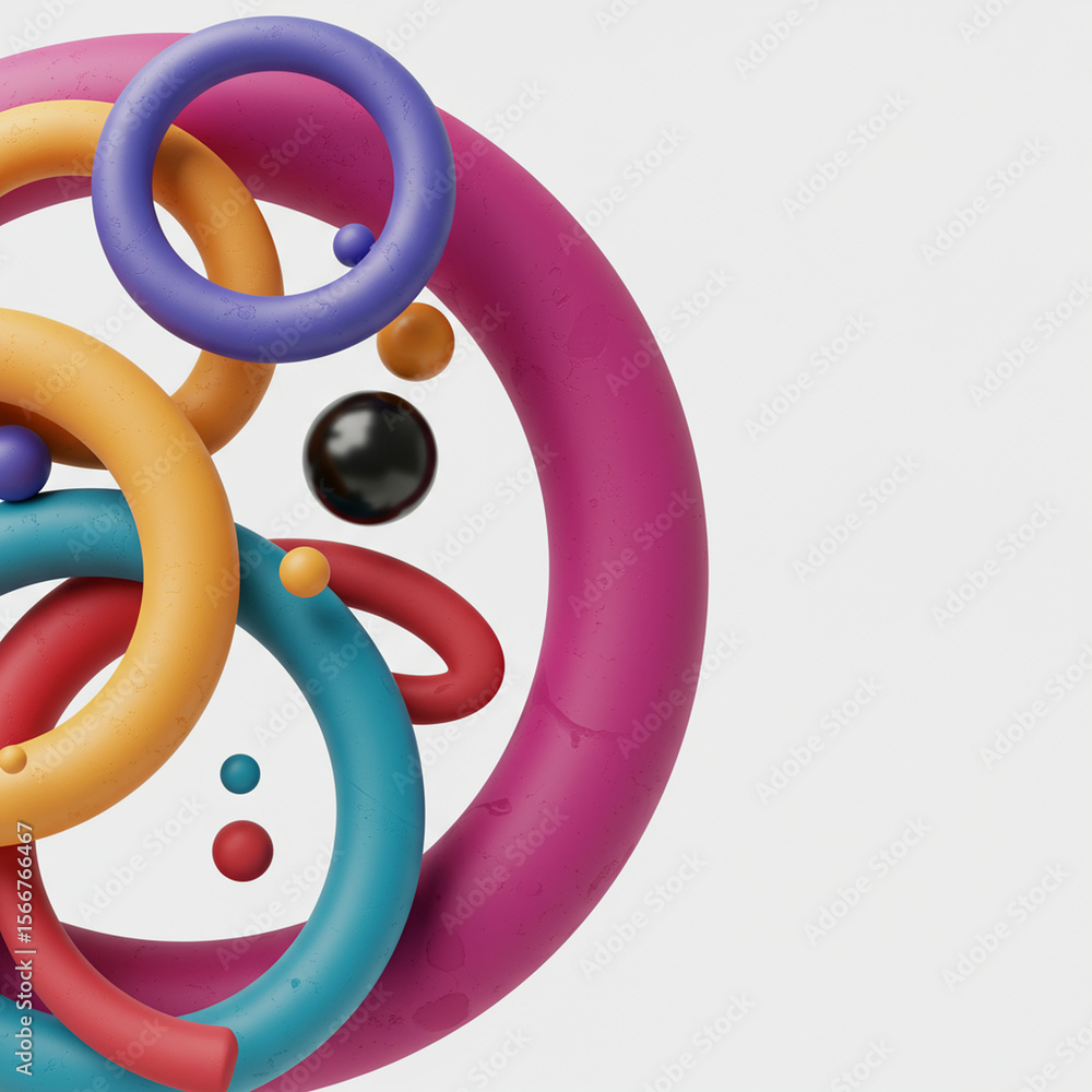 Poster playful 3d abstract rendering with colorful ring and sphere on white background. dynamic modern comp