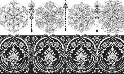 Set of Intricate Black and White Mandala Borders and Snowflake Patterns, Featuring Ornate Designs, Floral Elements, and Droplet Accents, Ideal for Elegant Decorations and Festive Backgrounds, Vector S