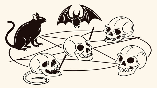 Halloween occult vector graphic featuring a black cat, bat, skulls and pentagram illustration art