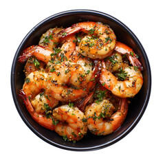 Delicious cooked shrimps presented in a black bowl garnished with fresh herbs, showcasing culinary delight and gastronomic appeal, transparent background