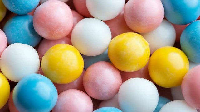A bunch of colorful candy balls are piled on top of each other. The colors are pink, blue, yellow, and white