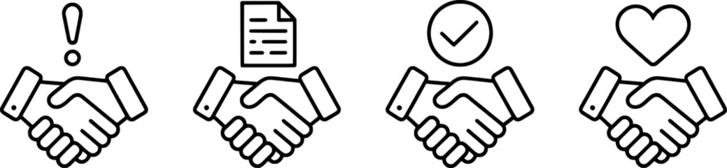 Handshake agreement symbol collection with exclamation mark document and heart deal contract